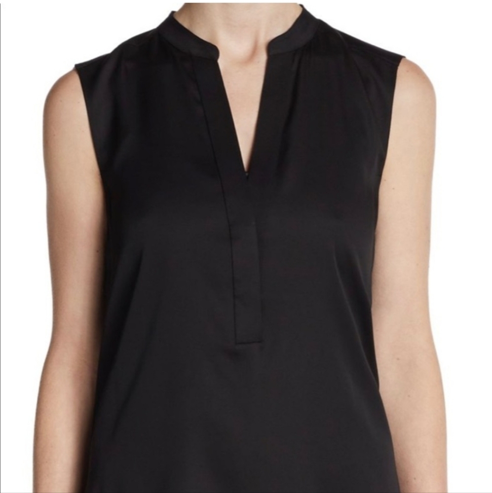 VINCE Black Sleeveless 100% Silk Collared V-neck Silk Tunic Sheer Back Sz XSmall